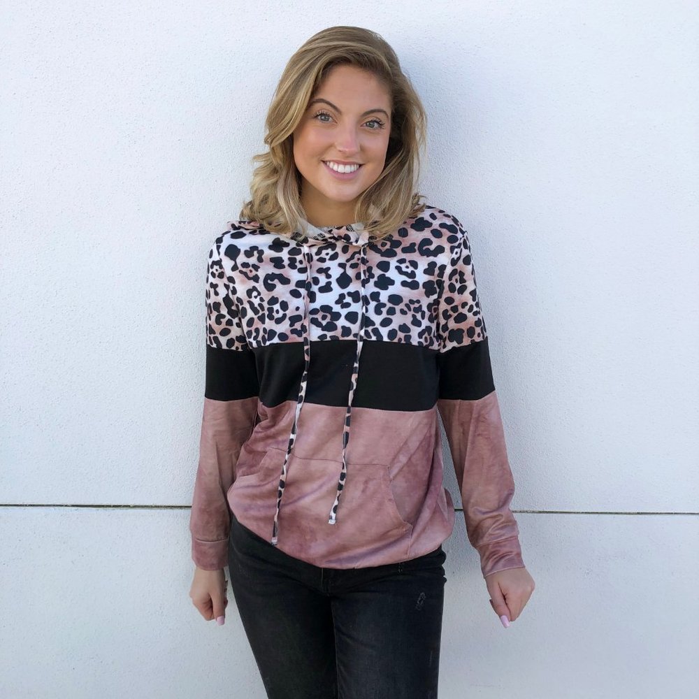 LEOPARD PRINT COLORBLOCK HOODIE- Pink